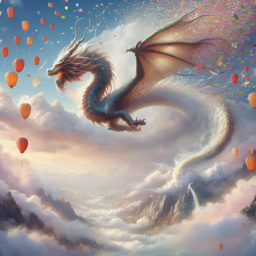 dragon, confetti, mountains, clouds, dreamy, realism, (epic, masterpiece, best quality:1.4), DragonConfetti2024_XL,