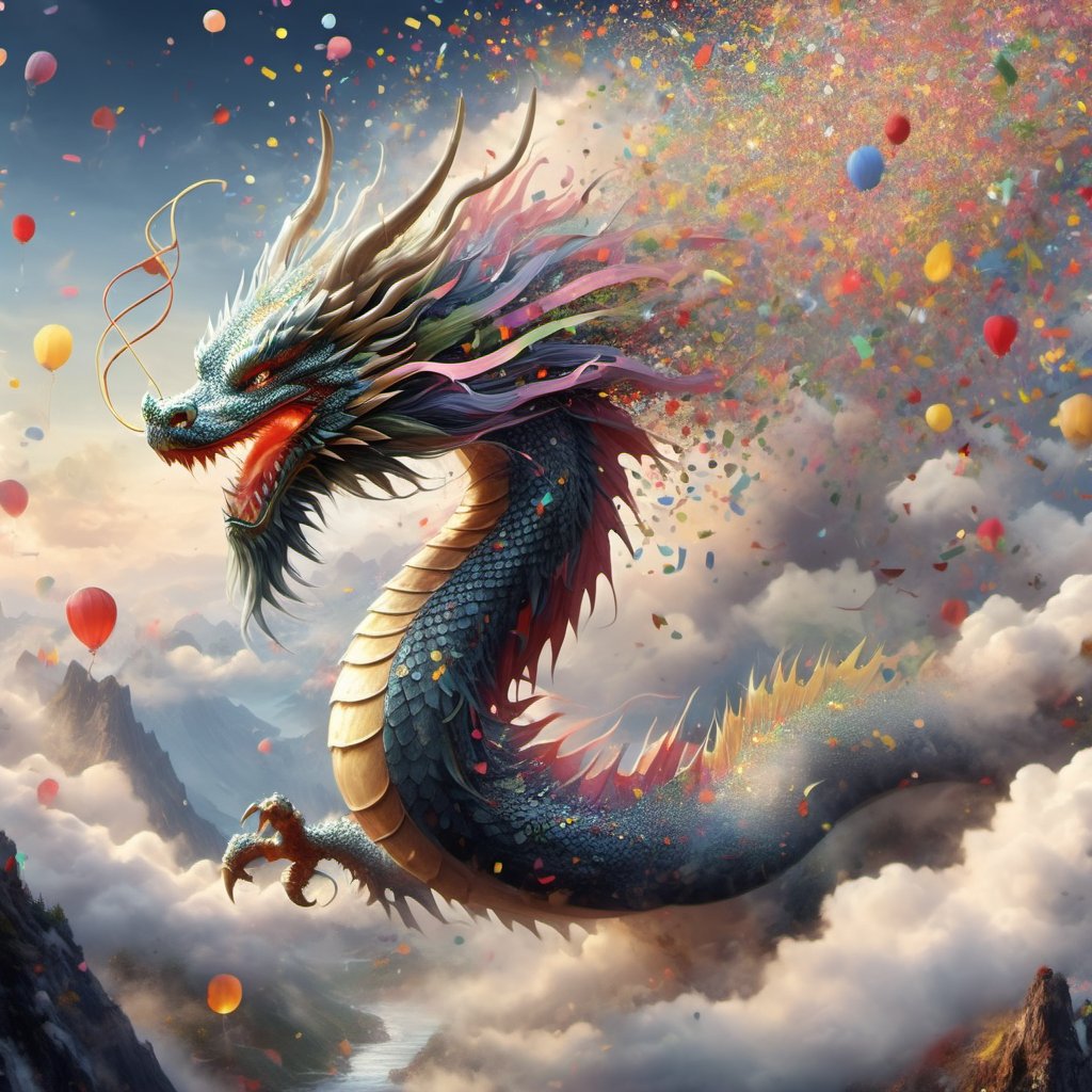 dragon, confetti, mountains, clouds, dreamy, realism, (epic, masterpiece, best quality:1.4), DragonConfetti2024_XL,ink ,more detail XL