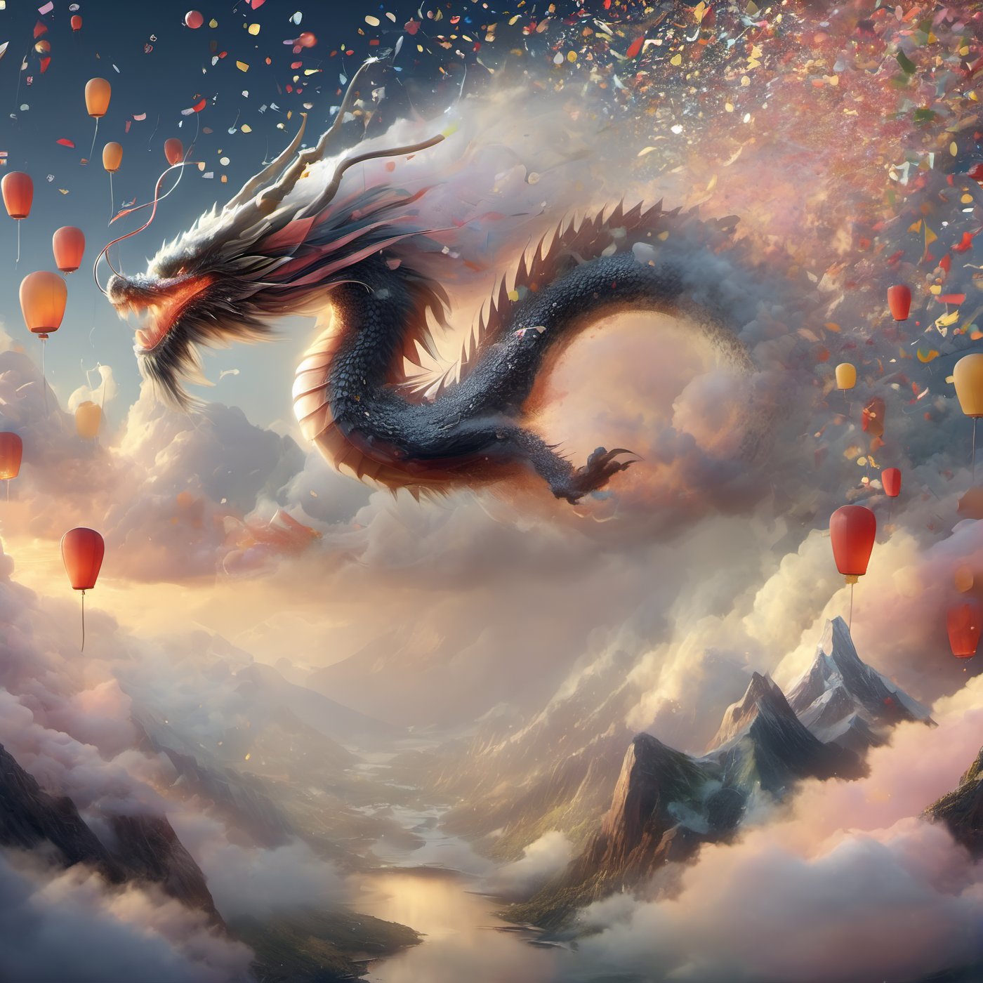 dragon, confetti, mountains, clouds, dreamy, realism, (epic, masterpiece, best quality:1.4), DragonConfetti2024_XL