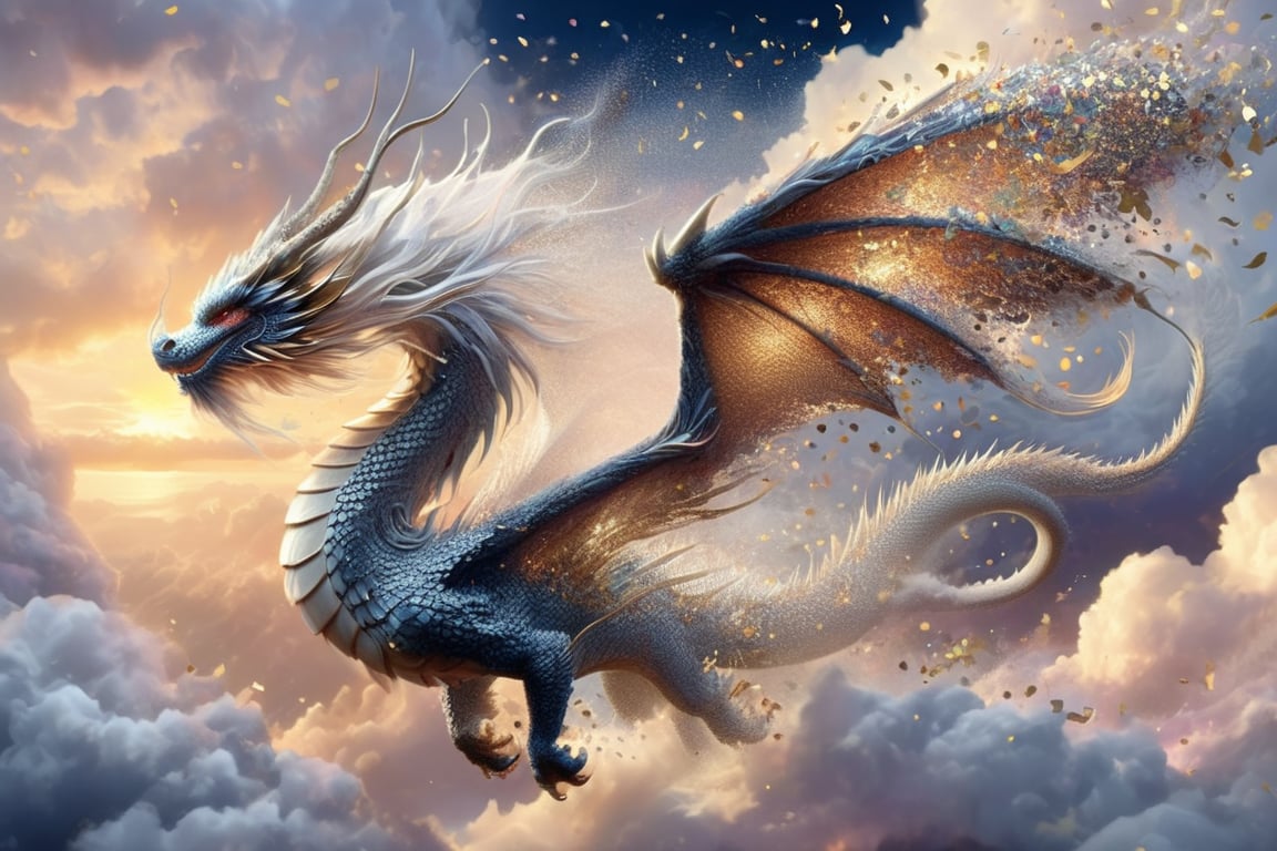 East west hybrid dragon, side mane, wings, long tail, filigreed scales, dissolving, confetti, mountains, clouds, dreamy night, realism, (epic, masterpiece, best quality:1.4), DragonConfetti2024_XL,ink ,more detail XL