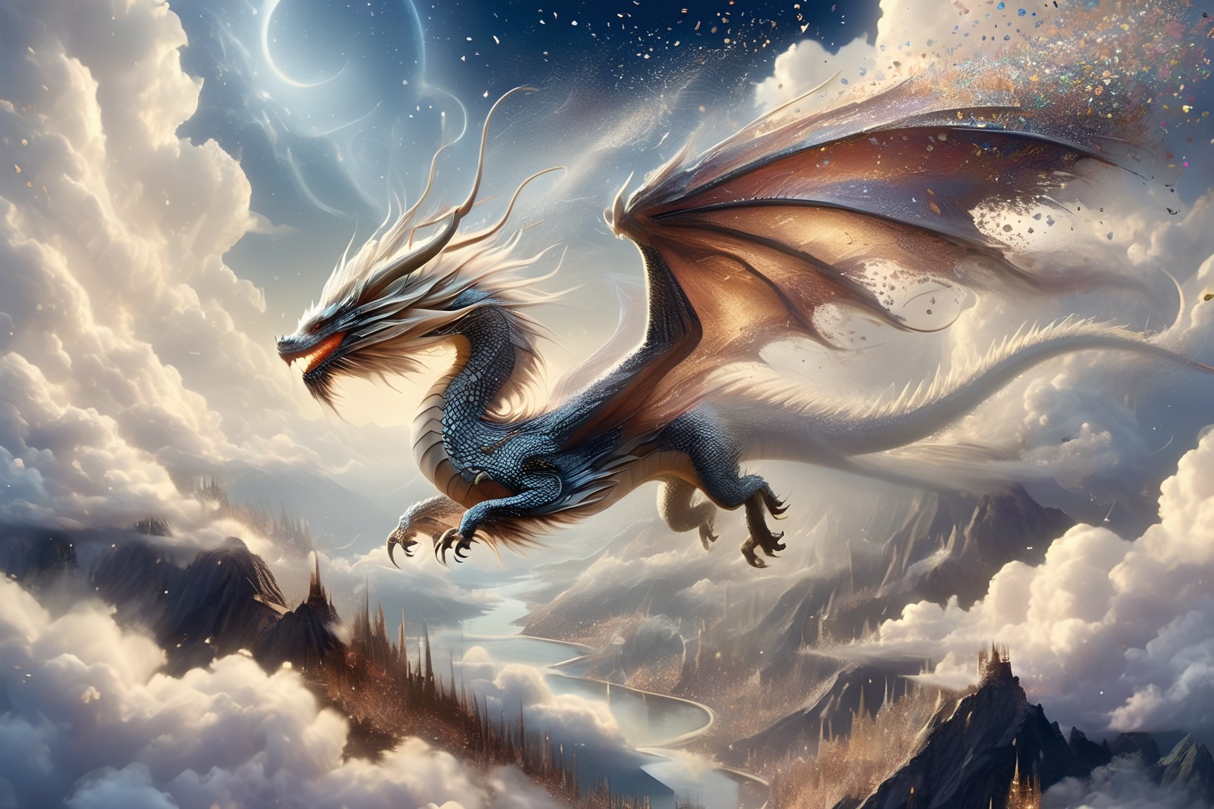 East west hybrid dragon, side mane, wings, long tail, filigreed scales, dissolving, confetti, mountains, clouds, dreamy night, realism, (epic, masterpiece, best quality:1.4), DragonConfetti2024_XL,ink ,more detail XL