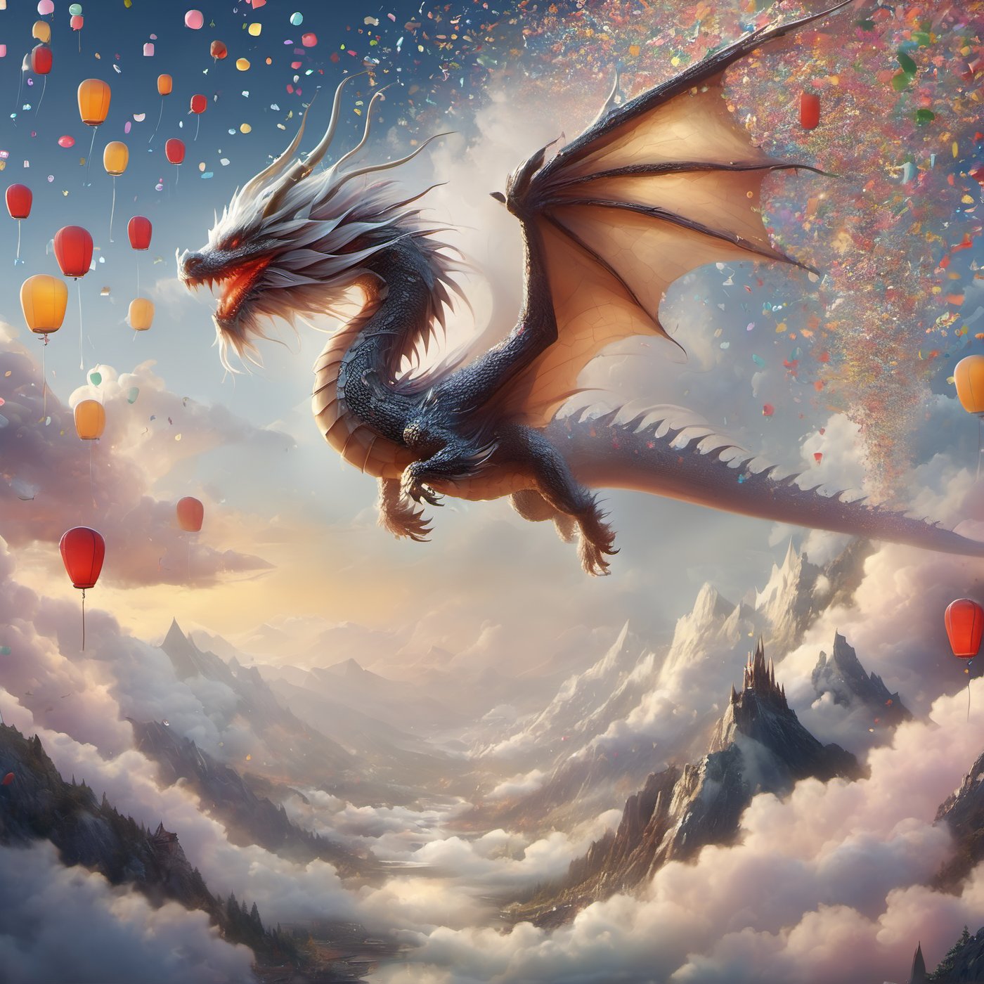 dragon, confetti, mountains, clouds, dreamy, realism, (epic, masterpiece, best quality:1.4), DragonConfetti2024_XL