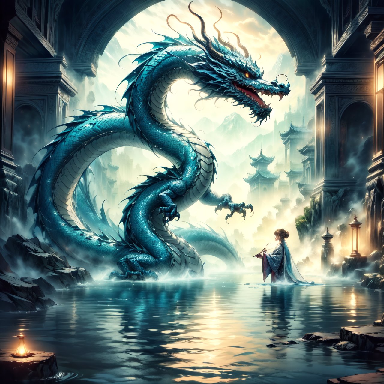 A mystical scene illustrating 'Hidden dragon, do not act' (潜龙勿用), emphasizing the presence of a traditional Chinese dragon. The dragon, with its splendid scales and powerful presence, is subtly depicted as lurking in the depths of a deep and ancient dragon pool, signaling a state of readiness yet restraint. The dragon's form is partially concealed by the dark, enigmatic waters, hinting at its immense potential and controlled power. The setting evokes a sense of mystery and anticipation, with the dragon's silhouette barely visible, representing the wisdom of hidden strength and the strategic patience of potential unleashed at the right moment.
By FuturEvoLab, (Masterpiece, Best Quality, 8k:1.2), (Ultra-Detailed, Highres, Extremely Detailed, Absurdres, Incredibly Absurdres, Huge Filesize:1.1), 