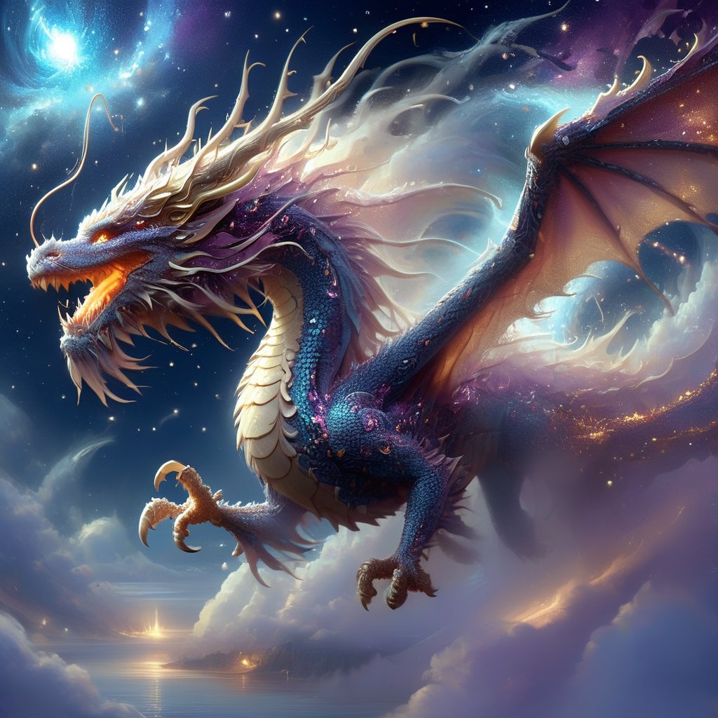 Cute dragon made of dissolving stardust, starry dragon, luminescent glowing stars, reflective eyes, night, luminescent stars, anime, reflective, gorgeous eyes, hyper detailed eyes, 3d, deviantart, a masterpiece, deep depth of field, Craig Mullins, perfect composition, intricate motifs, Edwin Landseer,DragonConfetti2024_XL,real_booster,art_booster