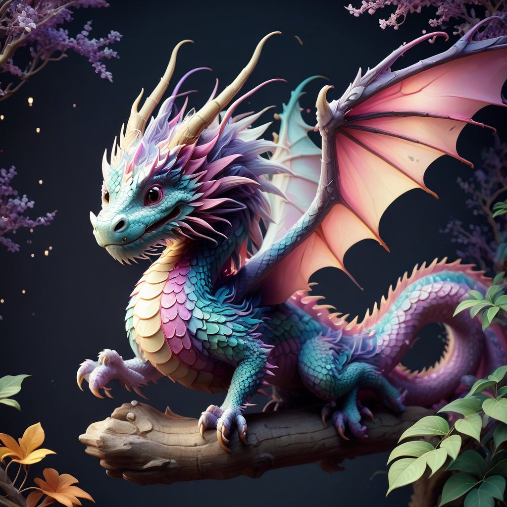 A detailed illustration of a print of a cute colorful dragon,  Studio Ghibli style,  light white,  violet and pink pastel tetradic colors,  line art,  2d cute,  3D vector art,  cute and quirky,  art fantasy,  watercolor effect,  bokeh,  Adobe Illustrator,  hand drawn,  digital painting,  low-poly,  soft lighting,  aerial view,  retro aesthetic,  character focused,  4K resolution,  photorealistic rendering,  using Cinema 4D, Decora_SWstyle, DragonConfetti2024_XL,<lora:EMS-274942-EMS:0.700000>