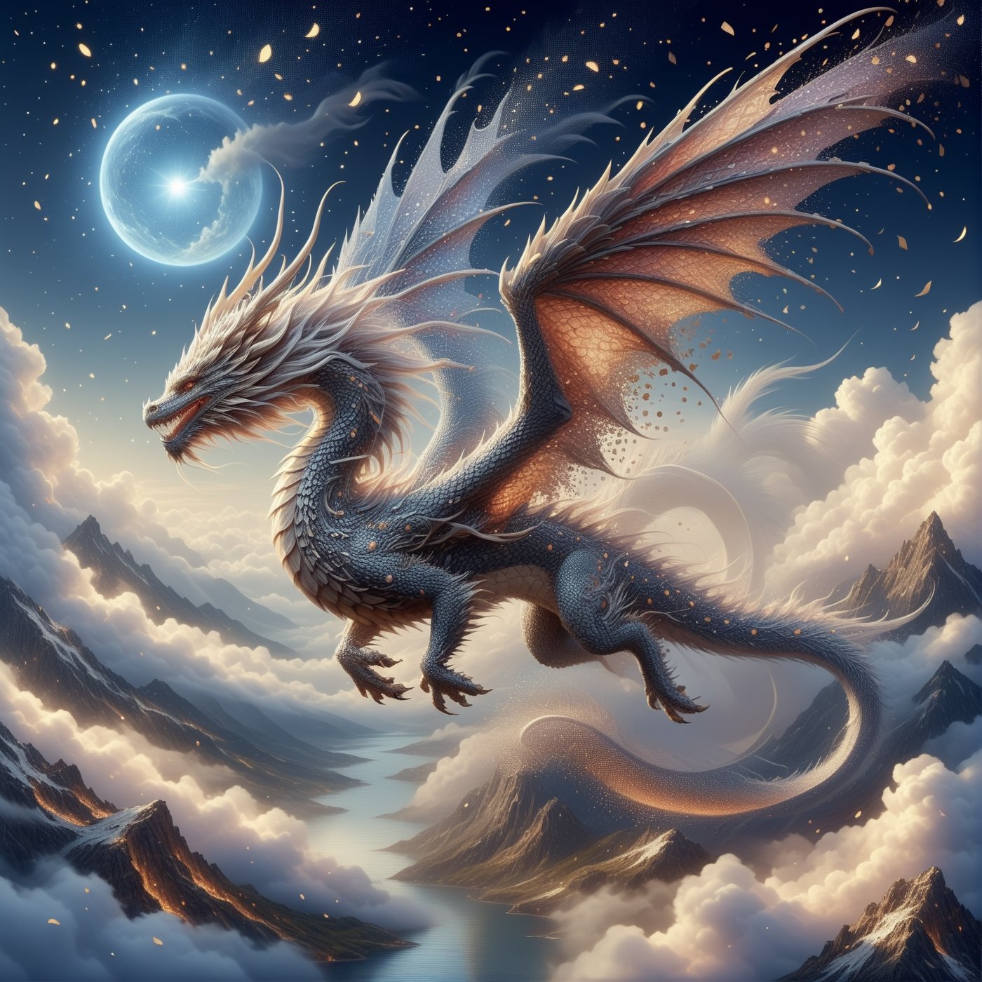 East west hybrid dragon,  ((looking at the viewer:2)),  fur,  scales,  wings,  long tail,  filigreed scales,  metallic scale patterns,  turning into confetti,  mountains,  clouds,  dreamy night,  realism,  (epic,  masterpiece,  best quality:1.4),  DragonConfetti2024_XL, ink , more detail XL,<lora:EMS-84419-EMS:1.000000>,<lora:EMS-43574-EMS:0.400000>,<lora:EMS-61413-EMS:0.600000>,<lora:EMS-274942-EMS:0.700000>