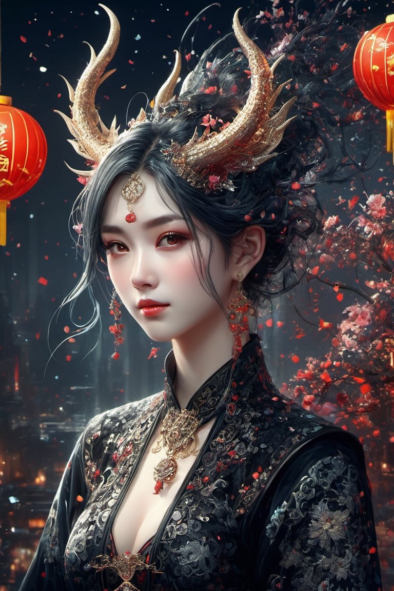 1 girl,  (masterful),  (long intricate horns:1.2), detailed and intricate,  dragonyear,  dragon-themed, Glass Elements,  looking_at_viewer, chinese girls, goth person,  sfw,  complex background, Girl, Dragon, DragonConfetti2024_XL,<lora:EMS-274942-EMS:0.800000>