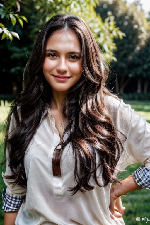 1girl, solo, long hair, smile, simple background, brown hair, shirt, black hair, long sleeves, brown eyes, closed mouth, white shirt, upper body, lips, looking to the side, hands up, clenched hands, realistic, sabana background, checkered background,frey4,fr3y4,yasmin,pevit4