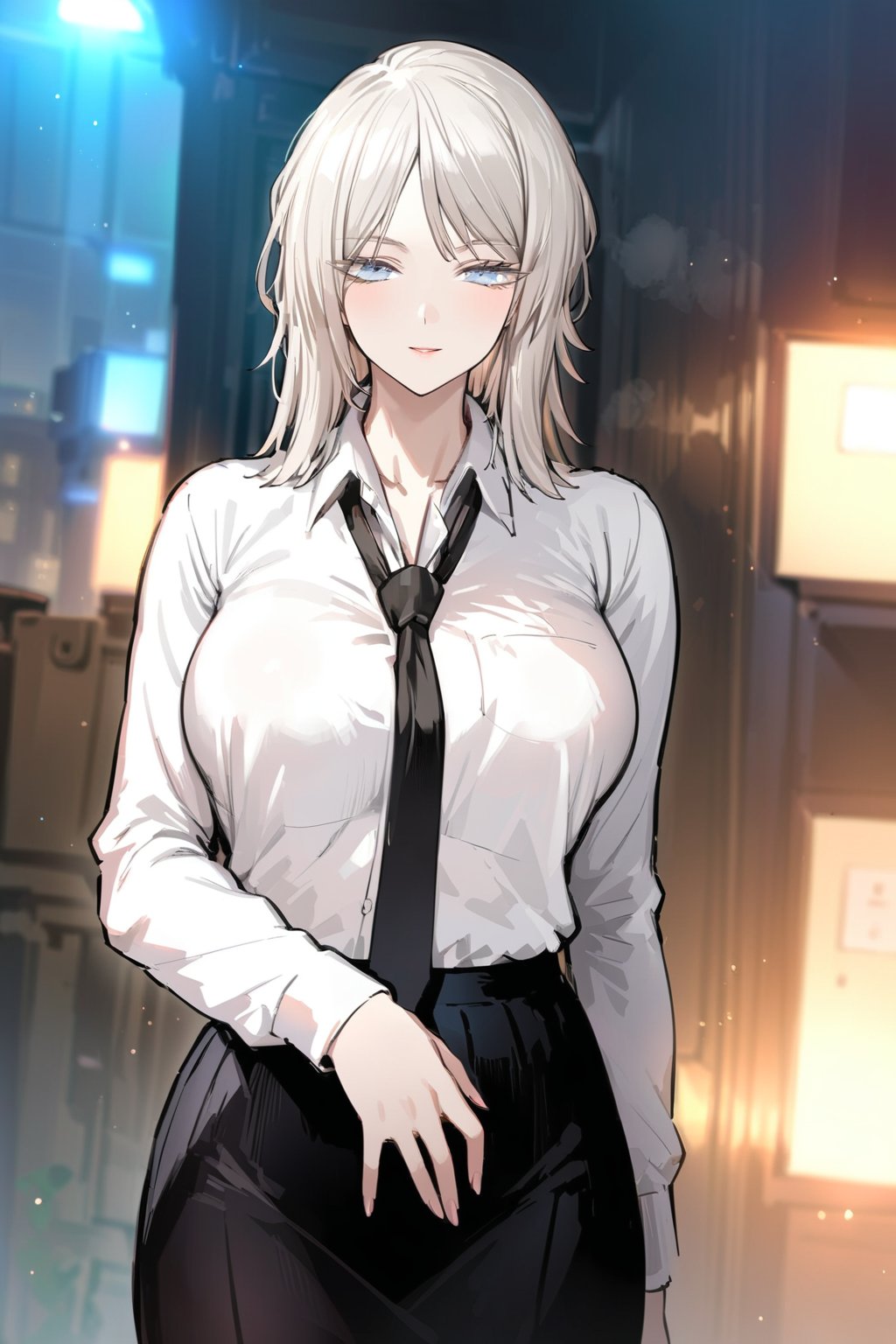 masterpiece, best quality, highres, (Gray-scale), perfect face, (1girl), (solo), (upper body), (broad shoulders, big breasts, long legs, wide pelvis, slender, skinny, blue eyes, white medium hair, bangs), (school uniform, black skirt without wrinkles, white shirt, black stockings, black necktie, long sleeves), looking_at_viewer,LimbusCompany_Faust,