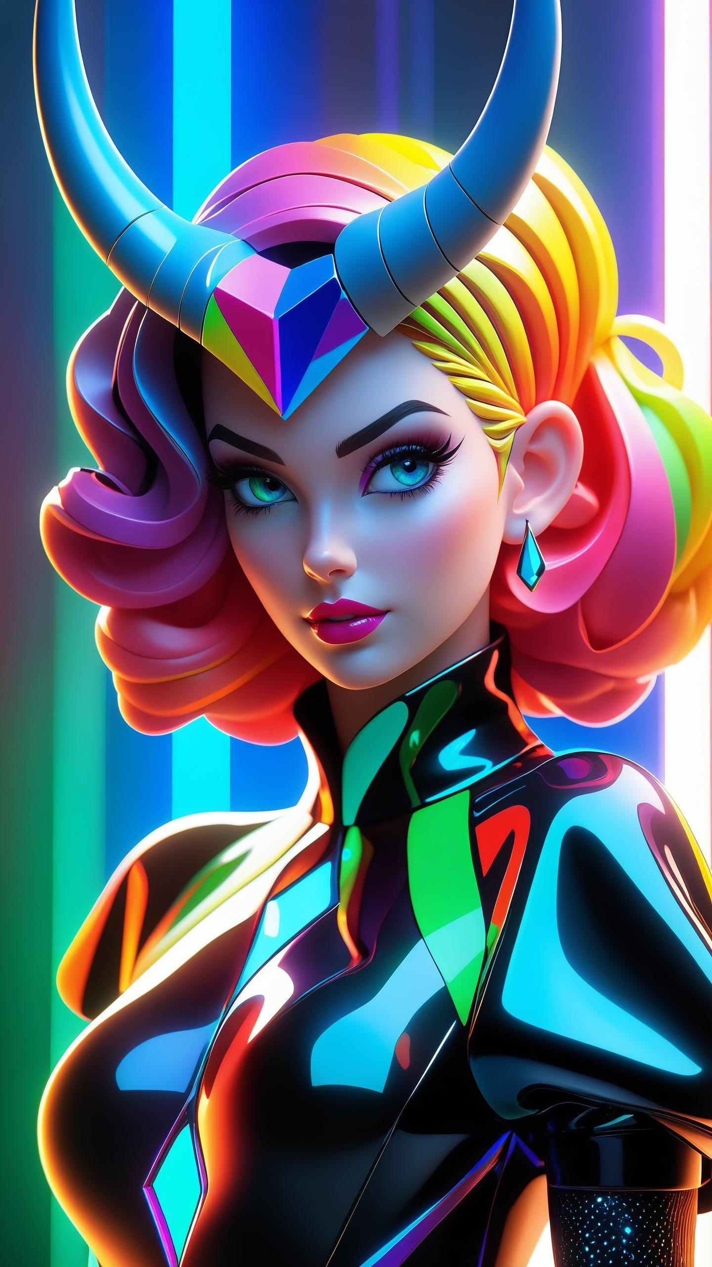 frilly hairstyle, latex dress, torso, body, 8k, ultra-detailed, highres, rainbow skin, shattered glass effect, (best quality, masterpiece:1.2), (deformad neon light:1.3), soft particles of fractal fire, volumetric lighting, (masterpiece, best quality), 1girl, intricate details, 8k, artstation, wallpaper, official art, splash art, sharp focus, dark atmosphere, black coat, black dress, cartoon for adults, white sleeves, sleeves past finger, sleeves past wrists, horns, (cottagetore), (geometric:1.2), futurism, impressionist, detailed, majestic, breathtaking, (suggestive:1.3), (depressing:1.3), (cute:1.2), enticing, (irresistible:1.3), disturbing, fascinating, (magnetic:1.2), (green), latex clothing, suggestive position, latex costume, Depth of field, vivid color, rainbow bloody veins growing and intertwining out of the darkness, (nailed wire), oozing thick blue blood, sharp neon, veins growing and pumping blood, vascular networks growing, under water