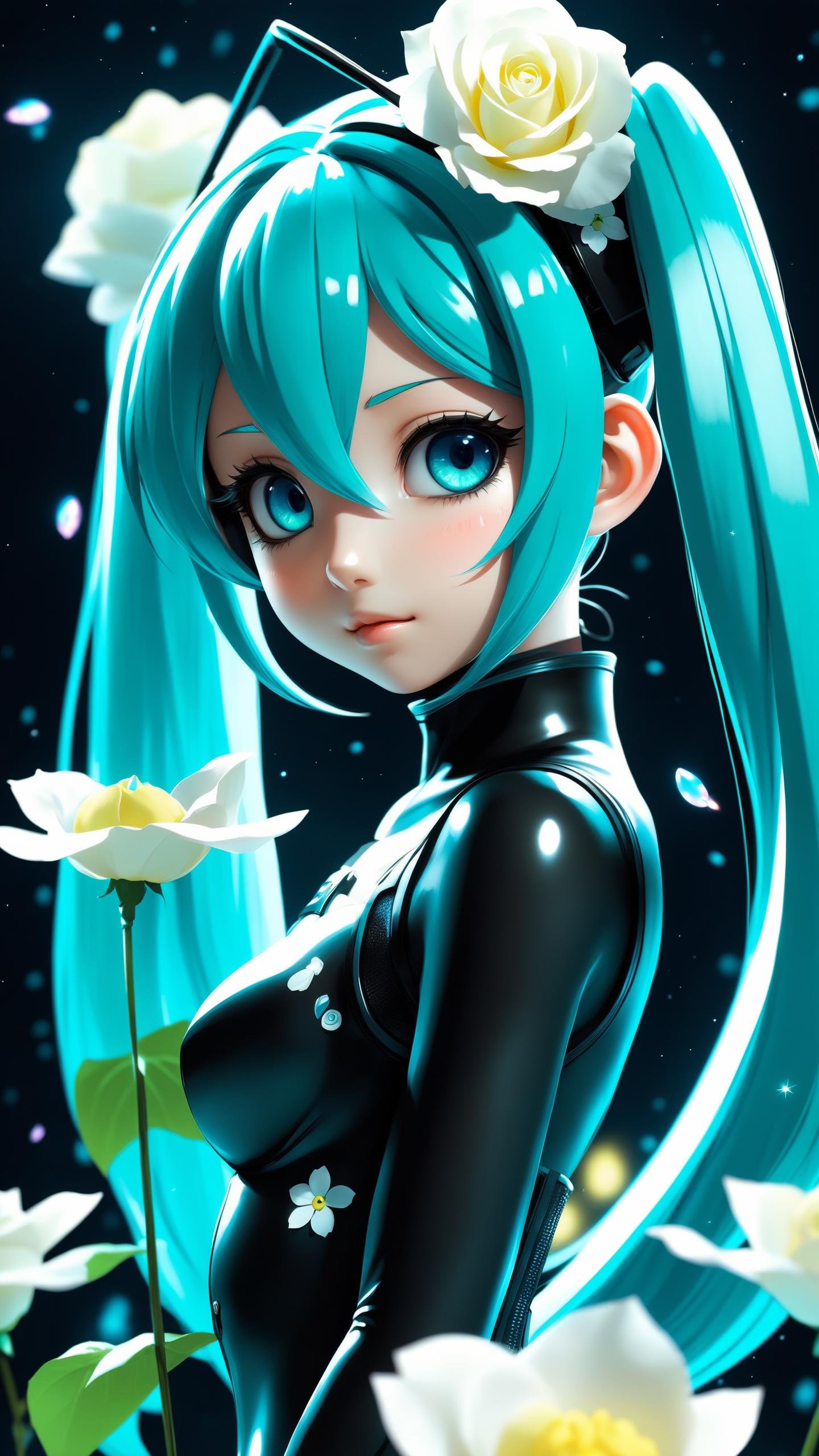 "face focus, masterpiece, best quality, 1girl, hatsune miku, goth hatsune miku, kawaii cute hatsune mike in a cartoon style wearing latex clothing, suggestive face, hentai face, sime nude, white roses, petals, night background, fireflies, light particle, solo, aqua hair with twin tails, aqua eyes, standing, pixiv, depth of field, cinematic composition, best lighting, looking up