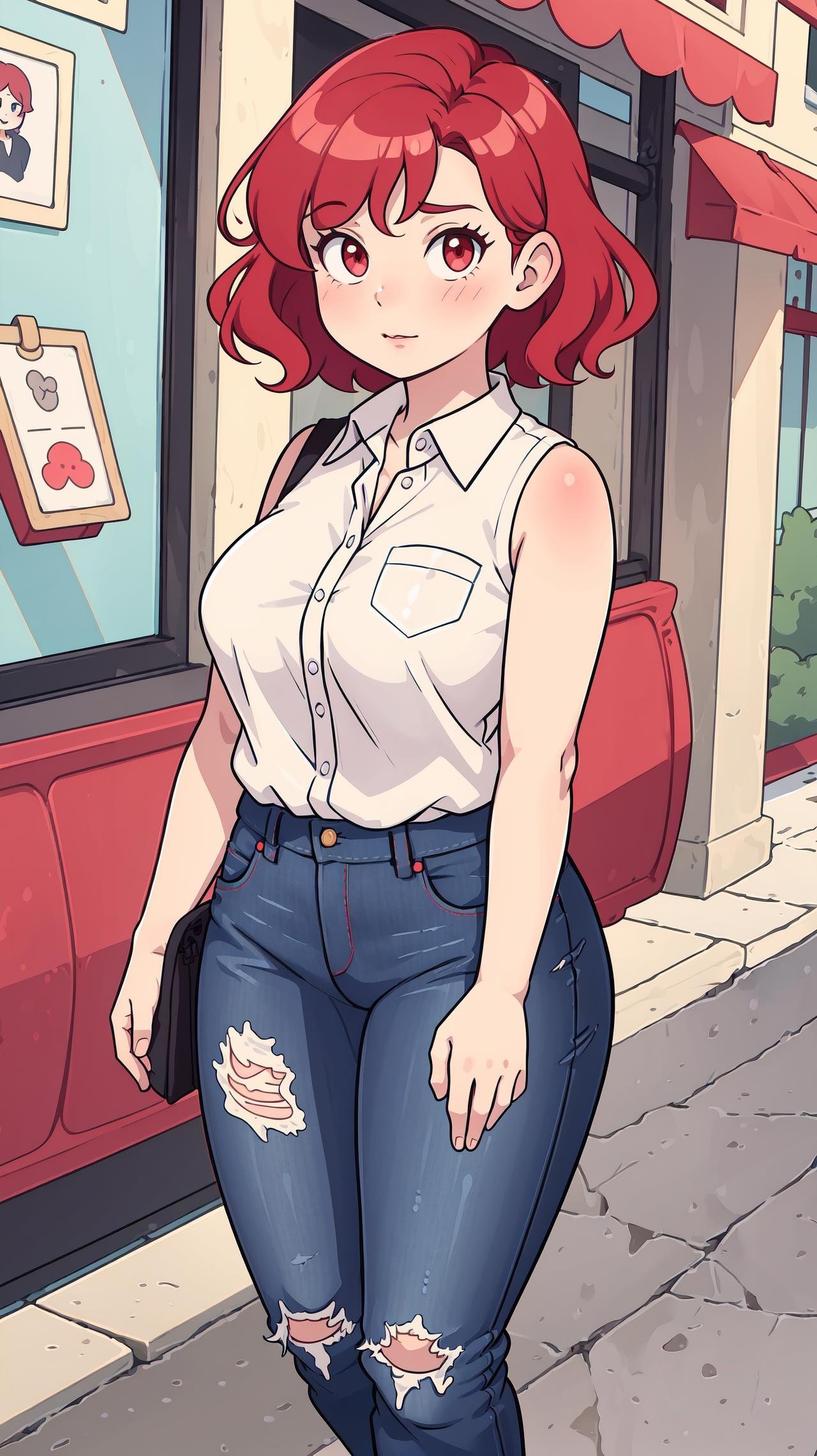 masterpiece, best quality, 1girl, red hair, wavy hair, very short hair, collared shirt, partially unbuttoned, cutoff jeans, mature female, cartoon style, chubby girl, public places ,feet out of frame, sleeveless