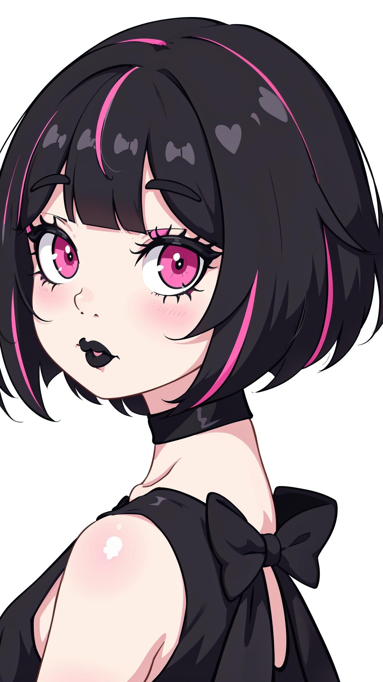 kawaii cute goth girl in a cartoon style, 1girl,solo, upper body, looking at viewer, white background, bob cut, short hair, multicolored hair, makeup, parted lips, black lips, eyeliner, gothic, goth girl