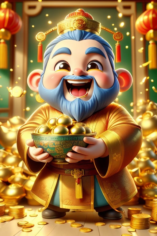 a cartoon character holding a bowl of gold coins,God of wealth, ray tracing lighting, Chinese heritage, a gnome, being delighted and cheerful, an unexpected windfall, a still image from the movie, official splash art, wealth, an emperor, happy appearance, protect,