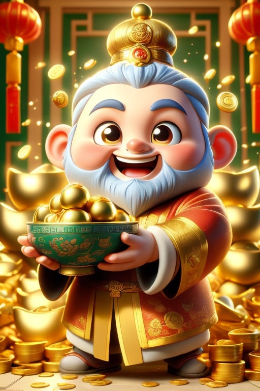 a cartoon character holding a bowl of gold coins,God of wealth, ray tracing lighting, Chinese heritage, a gnome, being delighted and cheerful, an unexpected windfall, a still image from the movie, official splash art, wealth, an emperor, happy appearance, protect,