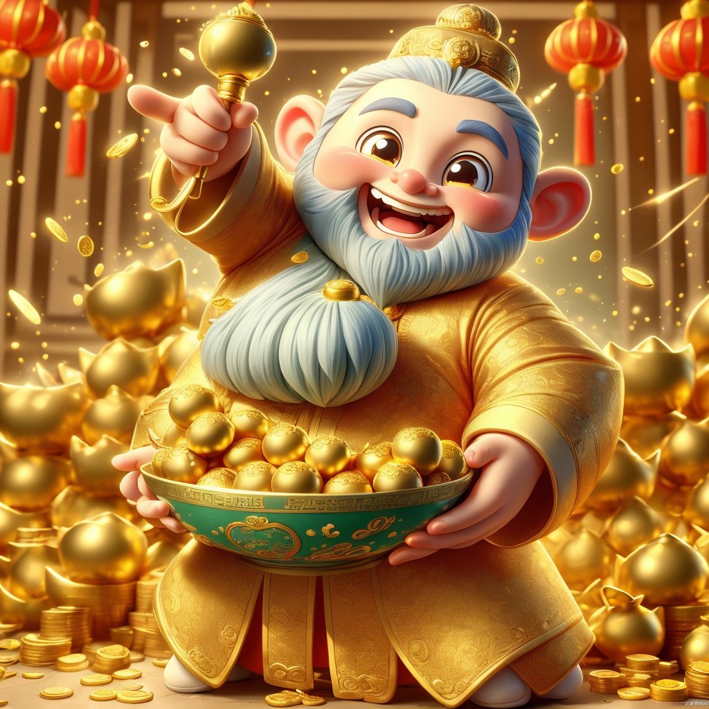 a cartoon character holding a bowl of gold coins,God of wealth, ray tracing lighting, chinese heritage, gnome, being delighted and cheerful, an unexpected windfall, still image from the movie, official splash art, wealth, an emperor, happy appearance, protect,