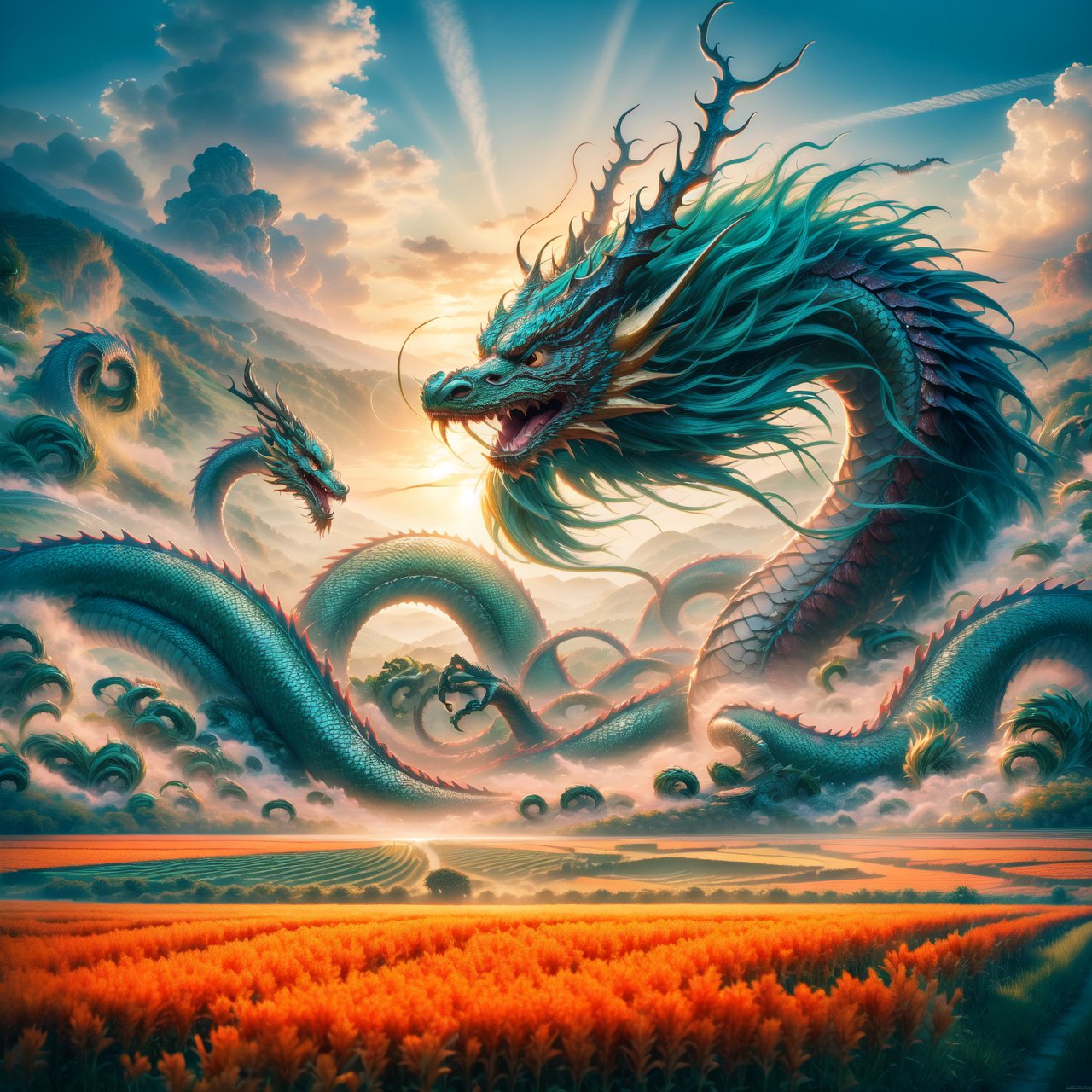 A striking depiction of 'The dragon appearing in the field' (见龙在田), focusing on the image of a traditional Chinese dragon. The dragon, with its splendid scales and regal posture, is prominently displayed against a backdrop of lush fields, symbolizing newfound visibility and the awakening of potential. The dragon's appearance is majestic and formidable, with its body elegantly coiling and its gaze piercing, embodying wisdom and emerging power. The surrounding fields are rich and fertile, enhancing the significance of the dragon's emergence and the promise of growth and prosperity.
By FuturEvoLab, (Masterpiece, Best Quality, 8k:1.2), (Ultra-Detailed, Highres, Extremely Detailed, Absurdres, Incredibly Absurdres, Huge Filesize:1.1), 