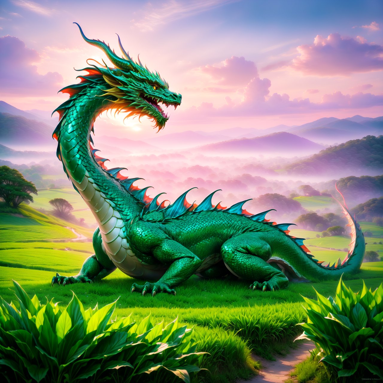 An impactful and vivid portrayal of 'The dragon appearing in the field' (见龙在田), emphasizing the image of a traditional Chinese dragon. The dragon, with its intricate scales and majestic form, is partially emerging from a lush, verdant field, symbolizing the beginning of recognition and the potential coming to light. The dragon's presence is commanding and awe-inspiring, with its body gracefully winding and its eyes conveying wisdom and power. The setting is a vibrant and fertile field, suggesting the dragon's emerging influence and the start of its ascent.
By FuturEvoLab, (Masterpiece, Best Quality, 8k:1.2), (Ultra-Detailed, Highres, Extremely Detailed, Absurdres, Incredibly Absurdres, Huge Filesize:1.1), 