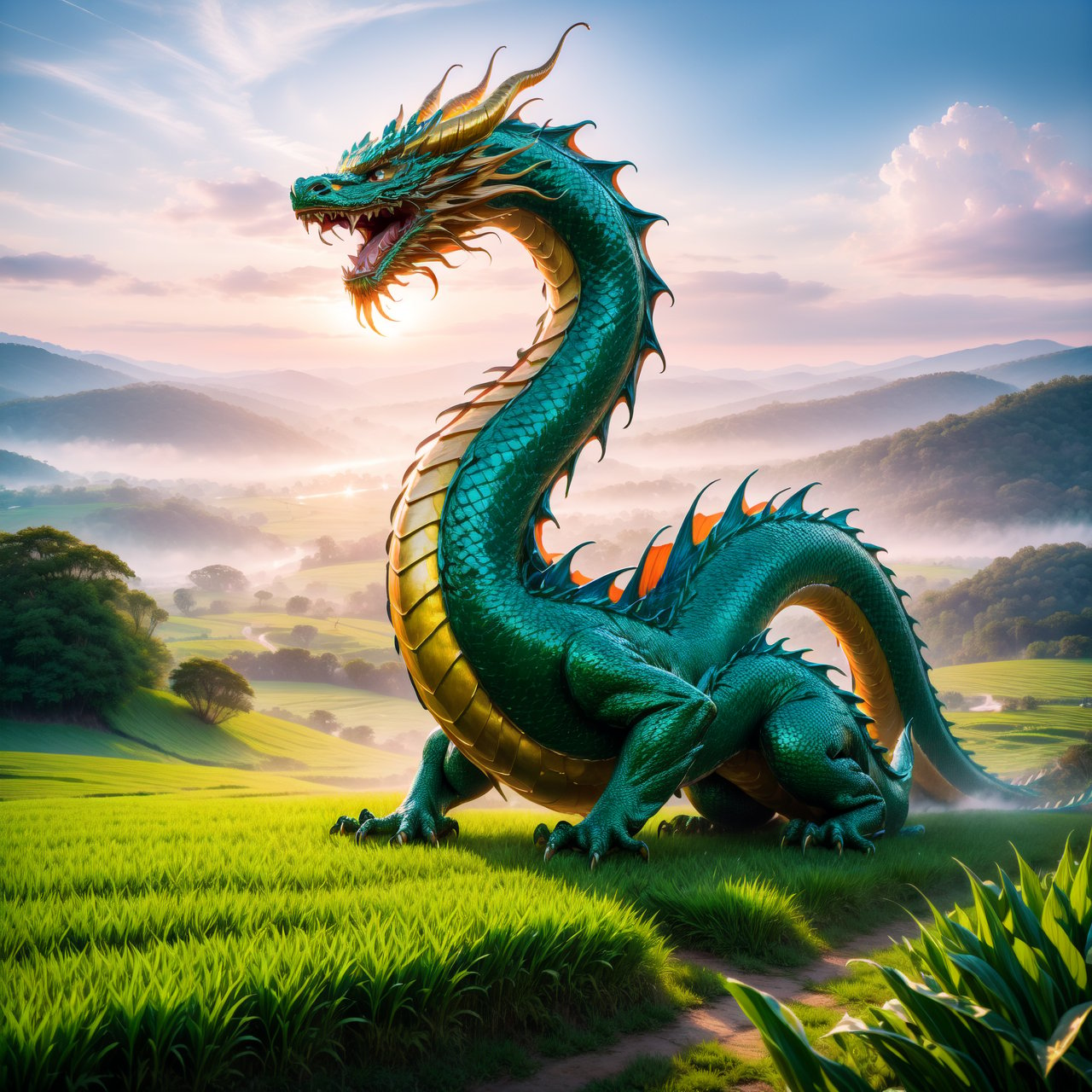 A striking depiction of 'The dragon appearing in the field' (见龙在田), focusing on the image of a traditional Chinese dragon. The dragon, with its splendid scales and regal posture, is prominently displayed against a backdrop of lush fields, symbolizing newfound visibility and the awakening of potential. The dragon's appearance is majestic and formidable, with its body elegantly coiling and its gaze piercing, embodying wisdom and emerging power. The surrounding fields are rich and fertile, enhancing the significance of the dragon's emergence and the promise of growth and prosperity.
By FuturEvoLab, (Masterpiece, Best Quality, 8k:1.2), (Ultra-Detailed, Highres, Extremely Detailed, Absurdres, Incredibly Absurdres, Huge Filesize:1.1), 