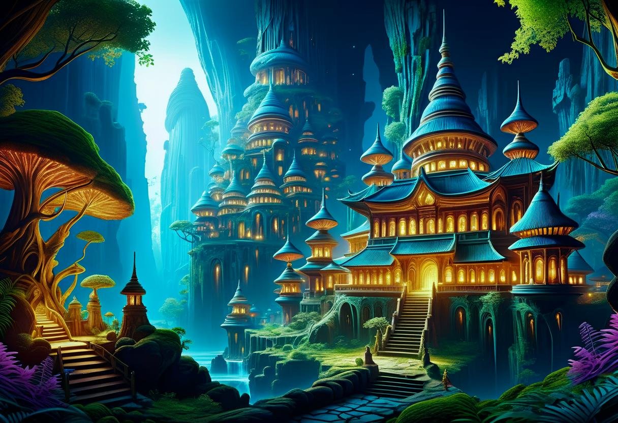 hyper detailed masterpiece, dynamic, awesome quality,DonM3t3rn1tyXL Create an image of a magical ancient forgotten forest village with the enormous ancient formations. Its should be dim and mystical, possibly glowing with an otherworldly bioluminescent light. Its pose is majestic and regal, exuding a sense of magical power and grace. Set the in an enchanting ethereal light and mystical flora surrounding it  <lora:DonM3t3rn1tyXL-000008:0.6> <lora:add-detail-xl:2.0>