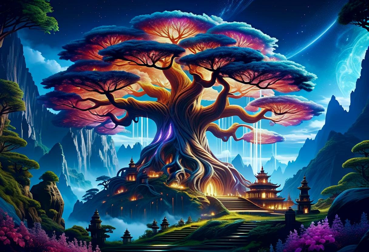 hyper detailed masterpiece, dynamic, awesome quality,DonM3t3rn1tyXL Create an image of a magical mountain with the enormous ancient Worldtree. Its should be dim and mystical, possibly glowing with an otherworldly bioluminescent light. Its pose is majestic and regal, exuding a sense of magical power and grace. Set the in an enchanting ethereal light and mystical flora surrounding it  <lora:DonM3t3rn1tyXL-000008:0.6> <lora:add-detail-xl:2.0>