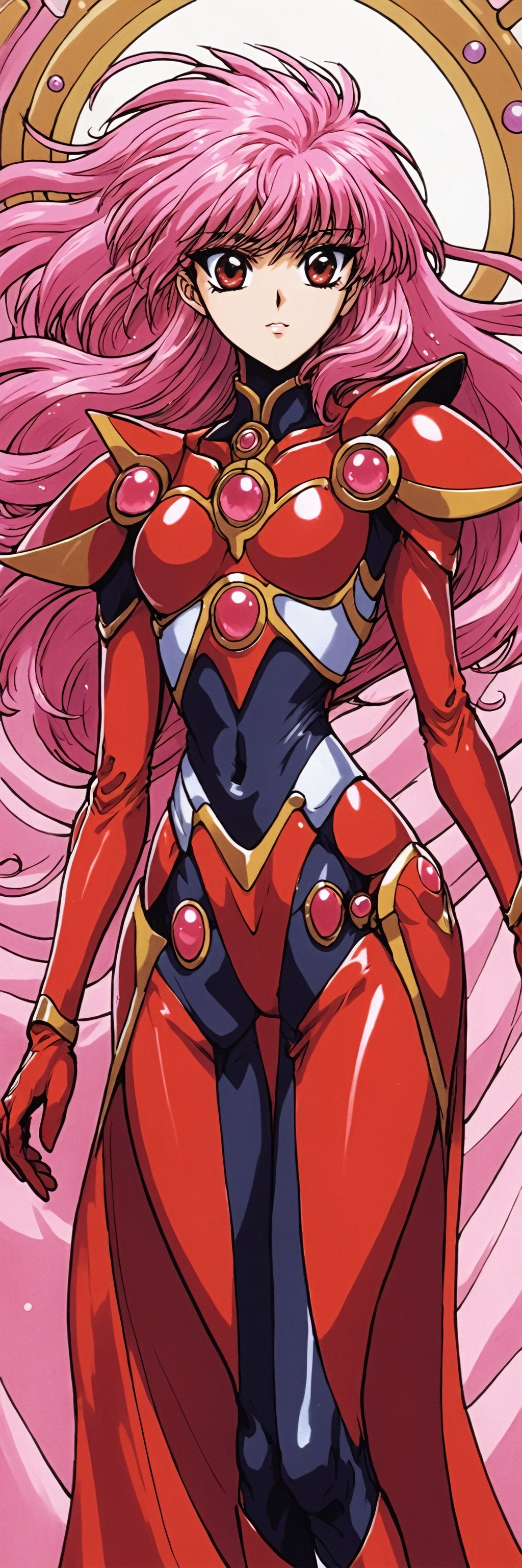 (Masterpiece,  Best Quality:1.2),  (Traditional Media,  retro artstyle),  1990s \(style\),  1girl,  solo,  Manga,  dynamic,  (best illustration),  fantasy,  pink hair,  spacesuit,  absurdly long hair,  lipstick,  perfect face,  aged up,  mature female,  magical girl,  armor,  pauldron,  mid shot,  (upper body:1.2),  full body,  focus face,  (detailed deep eyes:1.2),  beautiful,  stylish,  red eyes,  vibrant colors,  depth of field,  light particles,  cinematic lighting,  shiny,  alternate costume,  alternate hairstyle,  bangs,  curvy,  space art:0.5,  , Rayearth,<lora:EMS-275116-EMS:0.650000>,<lora:EMS-61413-EMS:0.300000>,<lora:EMS-24184-EMS:0.200000>