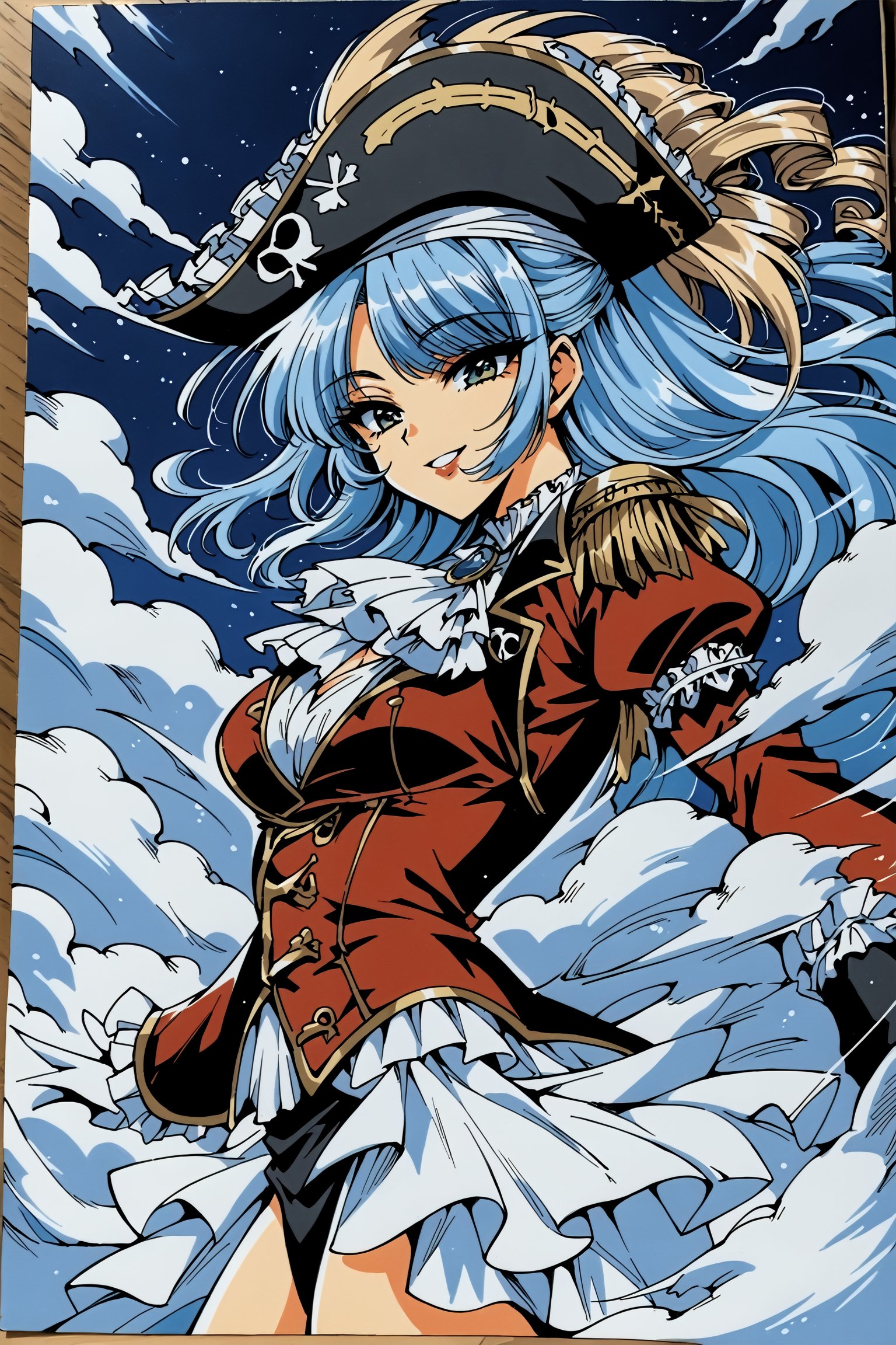 (Masterpiece),  (highres),  8k,  (traditional media:1.2),  manga,  digital illustration,  2d,  retro artstyle,  (ultra-detailed portrait of a beautiful pirate,  mature female,  sexy,  half-closed eyes,  half updo,  ringlets,  detailed face,  detailed eyes,  detailed hair,  extremely detailed background,  red lips,  evil grin,  smile,  parted lips,  cloudy sky, , looking down,  pirate hat,  ascot,  frill trim,  atmospheric perspective,  naval uniform,  gloves,  dynamic,  cinematic,  volumetric,  night,  dark,  soft lighting,  motion blur,  from side,  cowboy shot,  (intricate details,  insanely detailed,  highly detailed:1.3),  fantastic visual,  perfect hands,<lora:EMS-275116-EMS:0.550000>,<lora:EMS-61413-EMS:0.200000>,<lora:EMS-23091-EMS:0.200000>,<lora:EMS-265483-EMS:0.100000>,<lora:EMS-57135-EMS:0.200000>