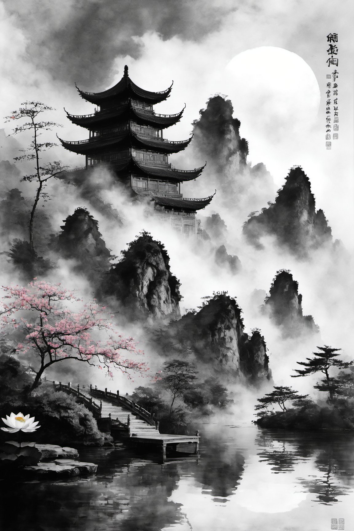 architecture, east asian architecture, scenery, tree, fog, outdoors, flower, smoke, cloud, sky, water, lotus, chinese text