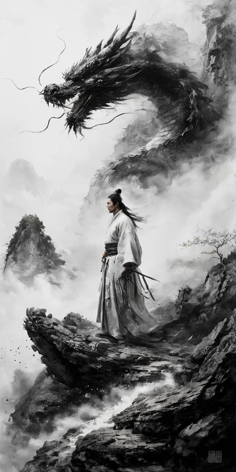 masterpiece, best quality, concept_dragon photo, (1man), 22 y.o., long floating white hairs, action pose, hanfu fashion, chinese dragon, eastern dragon, white theme, volumetric lighting, ultra-high quality, photorealistic, rock mountain background, chinese watercolor painting
