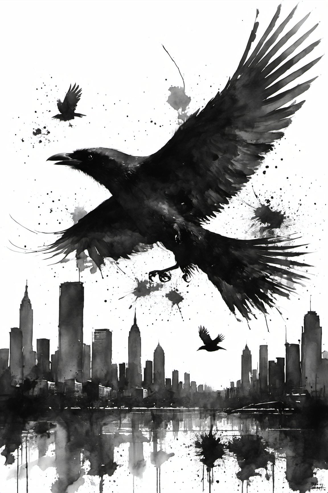 bird, scenery, city, cityscape, flying, wings, outdoors, crow,