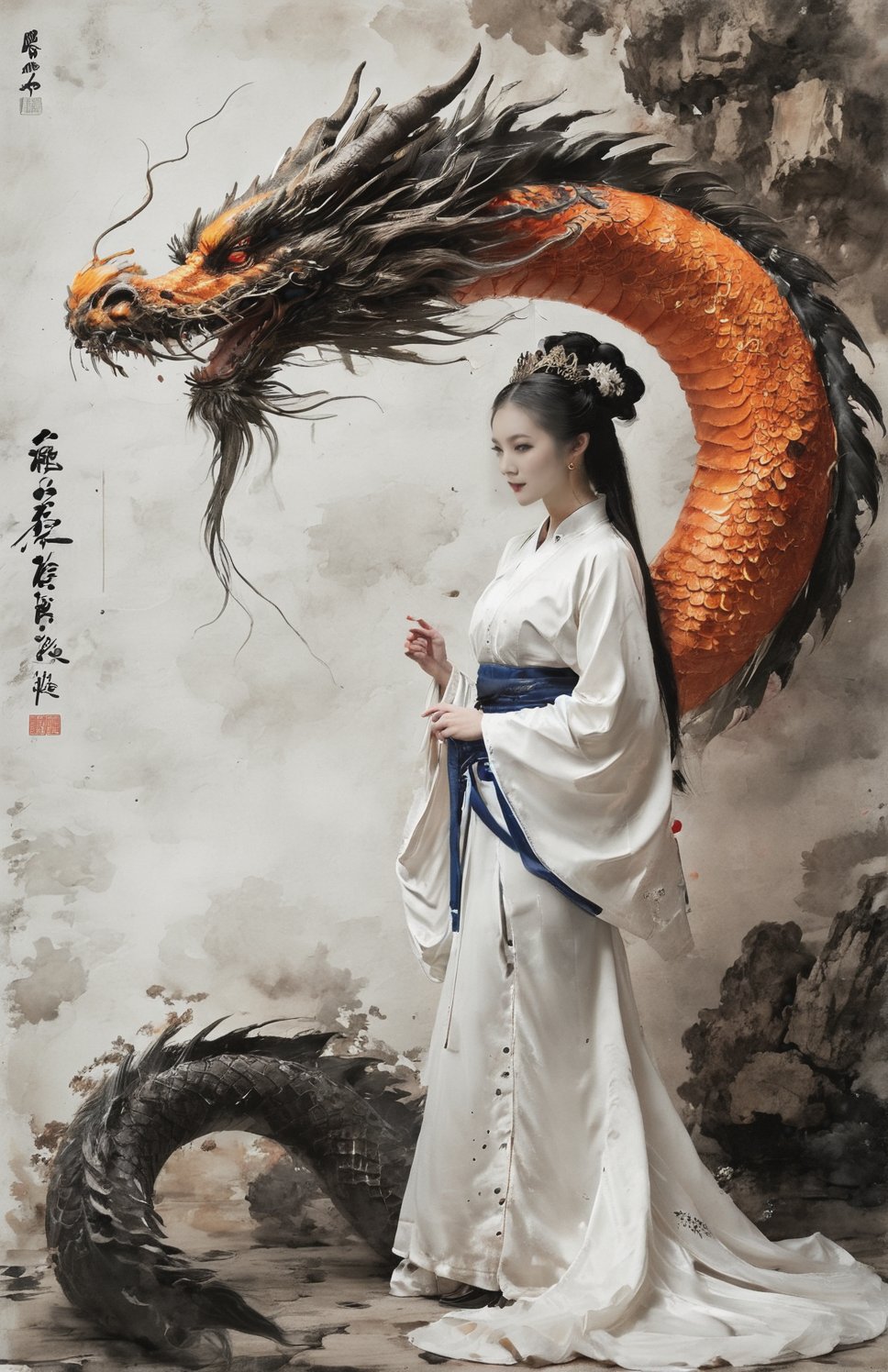 Chinese-style costume, orange costume, holding a folding fan, female boss, long hair, chinese dragon,