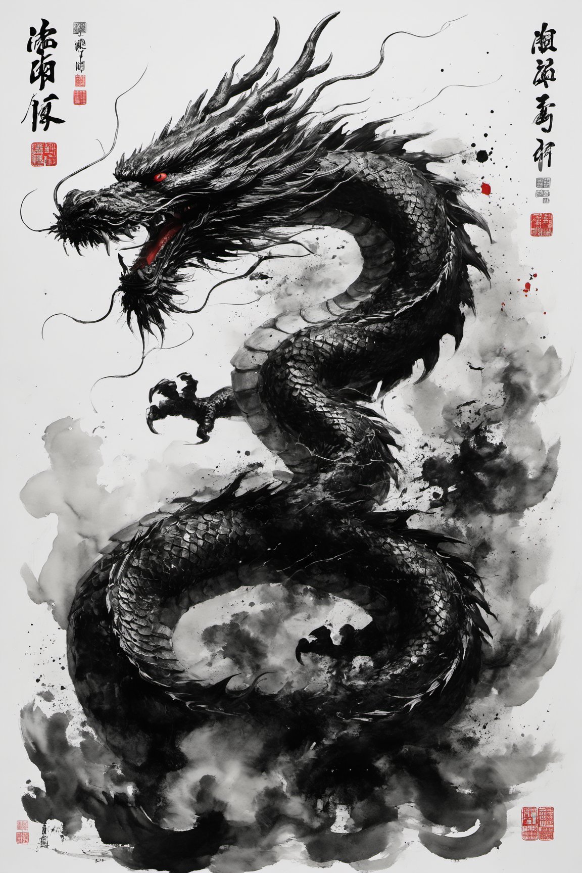 chinese dragon, red eyes, sharp teeth, open mouth, teeth, from side, chinese text, signature