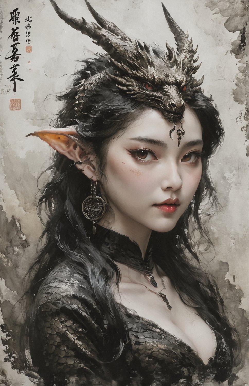 1 girl, (masterful), (long intricate horns:1.2),detailed and intricate, dragonyear, dragon-themed ,Glass Elements, looking_at_viewer,chinese girls,goth person, sfw, complex background
