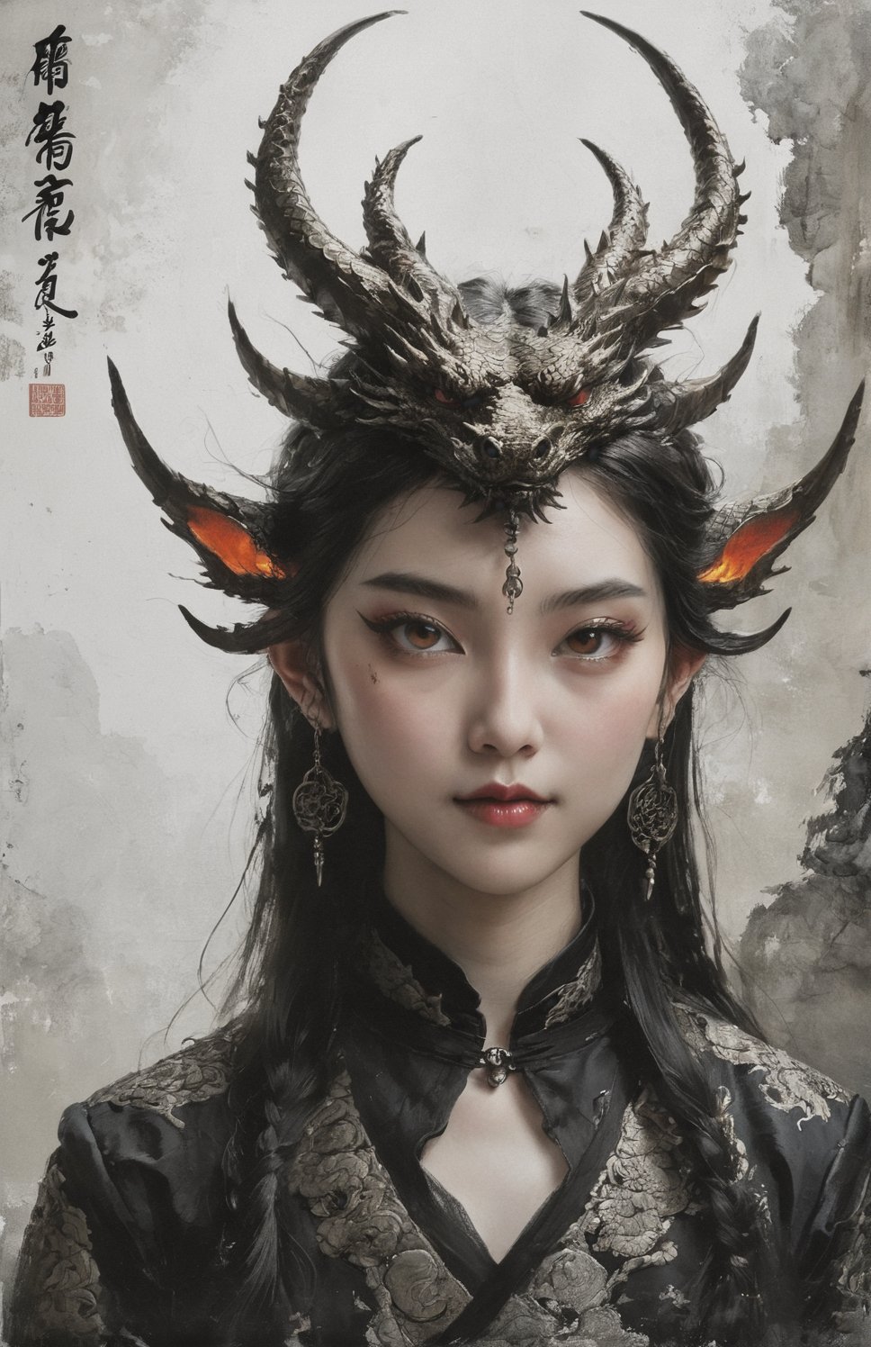 1 girl, (masterful), (long intricate horns:1.2),detailed and intricate, dragonyear, dragon-themed ,Glass Elements, looking_at_viewer,chinese girls,goth person, sfw, complex background
