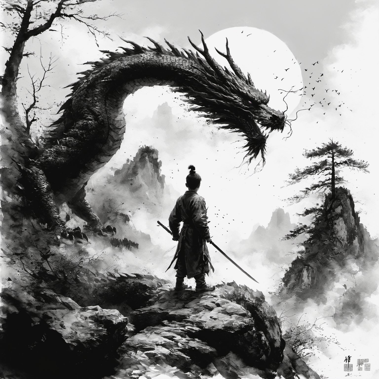 chinese dragon, mountain, weapon, sword, tree, holding, 1boy, outdoors, holding weapon, standing, holding sword, 1other, signature, from behind, bird, artist name, sharp teeth
,ink 
