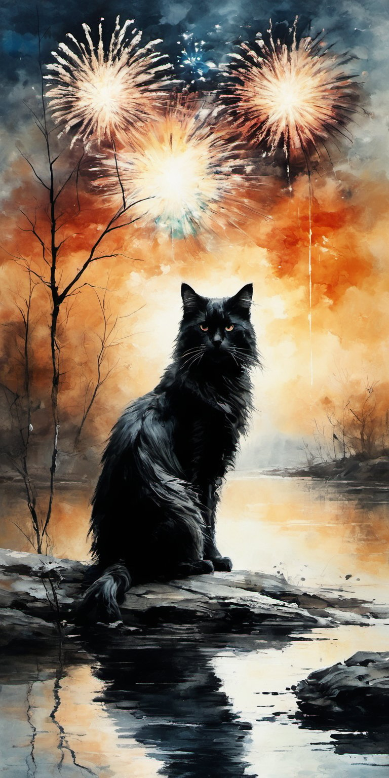 masterpiece, best quality, domestic_long-haired_cat, flat color, oil painting style, winter season, Christmas, snow, with colorful fireworks, flooded
,ink ,oil paint