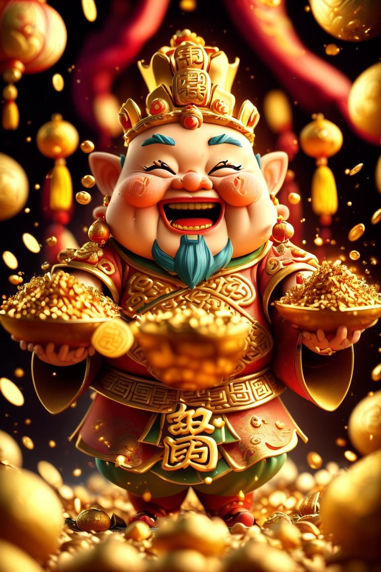 a cartoon character holding a bowl of gold coins,God of wealth, ray tracing lighting, Chinese heritage, a gnome, being delighted and cheerful, an unexpected windfall, a still image from the movie, official splash art, wealth, an emperor, happy appearance, protect,1 girl