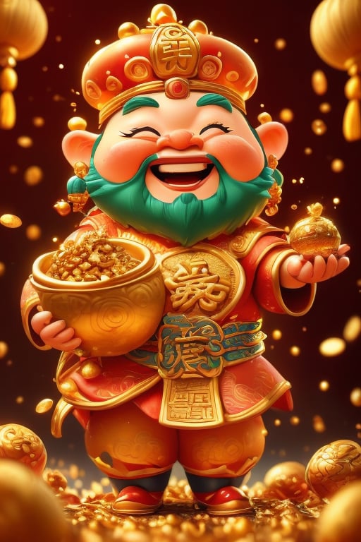 a cartoon character holding a bowl of gold coins,God of wealth, ray tracing lighting, Chinese heritage, a gnome, being delighted and cheerful, an unexpected windfall, a still image from the movie, official splash art, wealth, an emperor, happy appearance, protect,