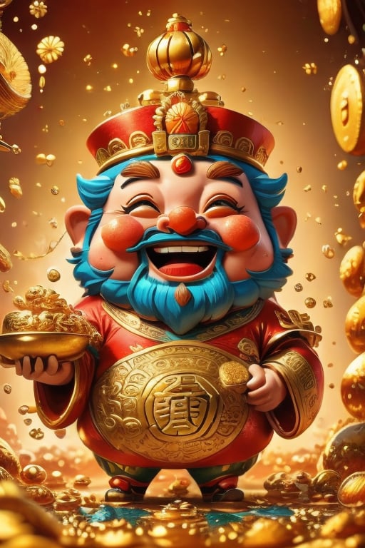 craft a cartoon character holding a bowl of gold coins, God of Wealth, ray tracing lighting, Chinese heritage, a gnome, being delighted and cheerful, an unexpected windfall, a still image from the movie, official splash art, wealth, an emperor, happy appearance, protect,High detailed 