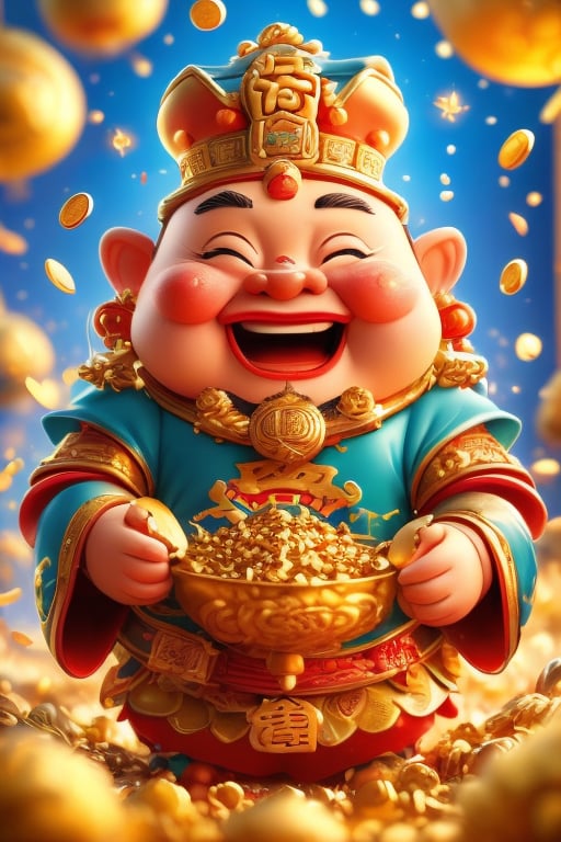 a cartoon character holding a bowl of gold coins,God of wealth, ray tracing lighting, Chinese heritage, a gnome, being delighted and cheerful, an unexpected windfall, a still image from the movie, official splash art, wealth, an emperor, happy appearance, protect,