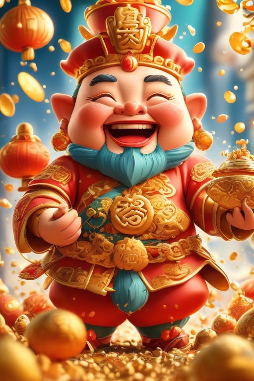 a cartoon character holding a bowl of gold coins,God of wealth, ray tracing lighting, Chinese heritage, a gnome, being delighted and cheerful, an unexpected windfall, a still image from the movie, official splash art, wealth, an emperor, happy appearance, protect,