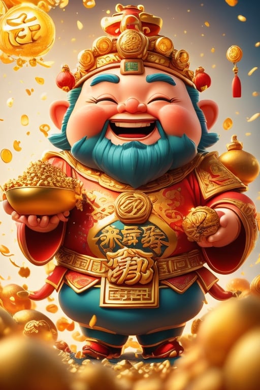 a cartoon character holding a bowl of gold coins,God of wealth, ray tracing lighting, Chinese heritage, a gnome, being delighted and cheerful, an unexpected windfall, a still image from the movie, official splash art, wealth, an emperor, happy appearance, protect,