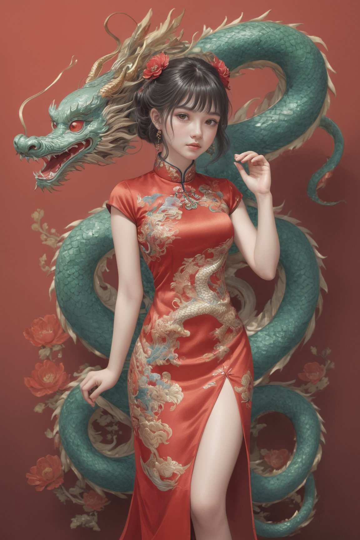 
Qipao:1.1,1 girl, full body:1.1, (masterful), detailed and intricate, Glass Elements, looking_at_viewer, Chinese girls, goth person, sfw, complex background, dragon pattern on red Qipao, dragon-themed, ,dragon-themed