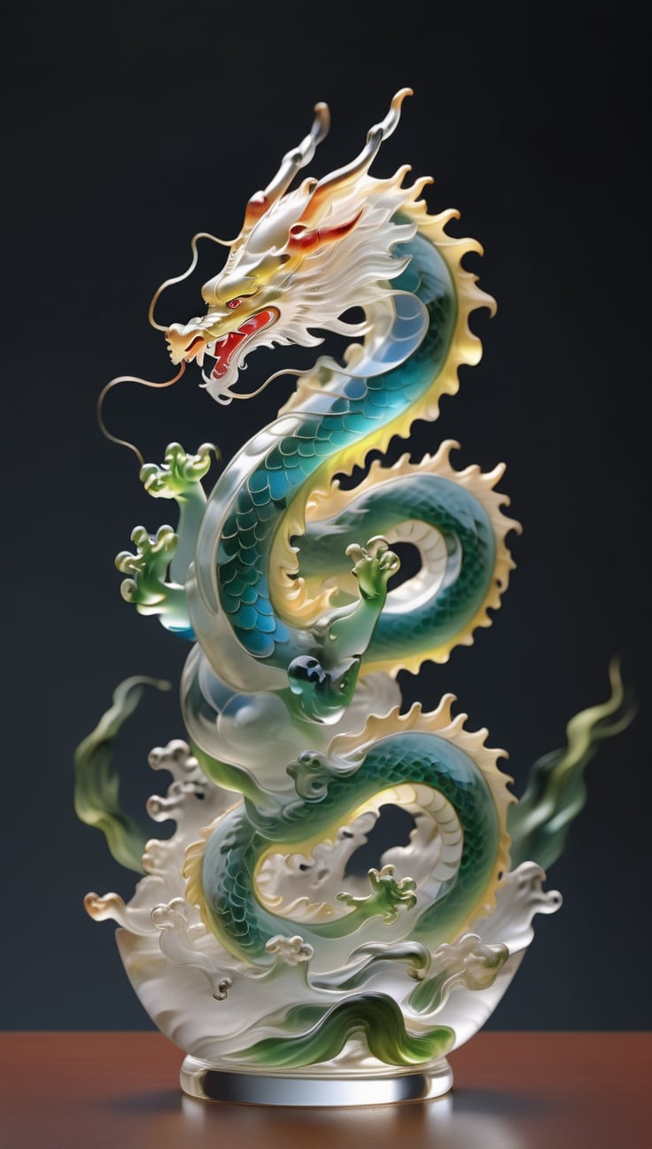 Generate an image of a sophisticated glass art rendition featuring dragon. The intricately crafted figurine stands elegantly on a desk, capturing the essence of high-end craftsmanship.Clear Glass Skin,dragon-themed,dragonyear 