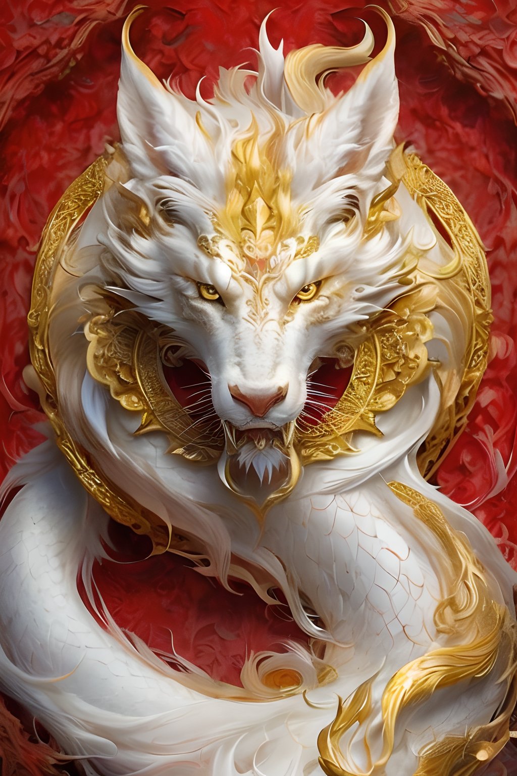 In a fantastical display of artistry, the image depicts a dragon. This mythical creature is showcased in all its glory, with lush fur flowing in vibrant shades of gold, red, and white. The image, reminiscent of an intricate painting, beautifully captures the elegance and mystique of the kitsune. Enhanced by meticulous details, every aspect of the creature is meticulously rendered, from its expressive eyes that seem to hold ancient wisdom, to the intricate patterns etched onto its sleek fur. The image radiates a sense of enchantment, leaving viewers captivated by the extraordinary beauty of this otherworldly being.