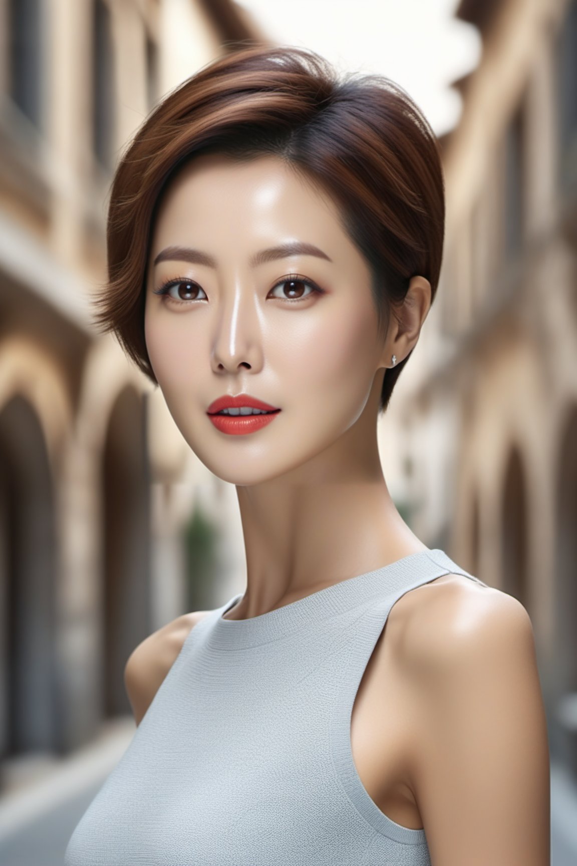 realistic portrait of a beautiful woman,detailed exquisite symmetric face,sharp nose,short hair,hourglass figure,perfect female form,slim and tall model body,skinny tight clothes,bokeh,looking at viewer,siena natural ratio,art_booster,kim_heesun