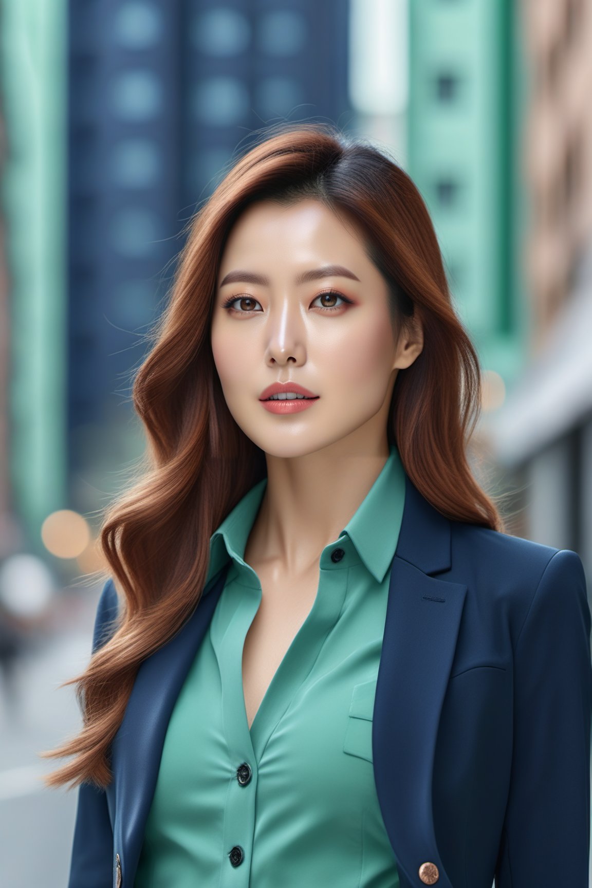 realistic portrait of a beautiful woman,detailed exquisite symmetric face,sharp nose,dishelved long hair,hourglass figure,perfect female form,slim and tall model body,elegant jacket on shirt,bokeh city backdrop, Rose Gold,Deep Navy,Mint Green colors,looking at viewer,siena natural ratio,art_booster,kim_heesun