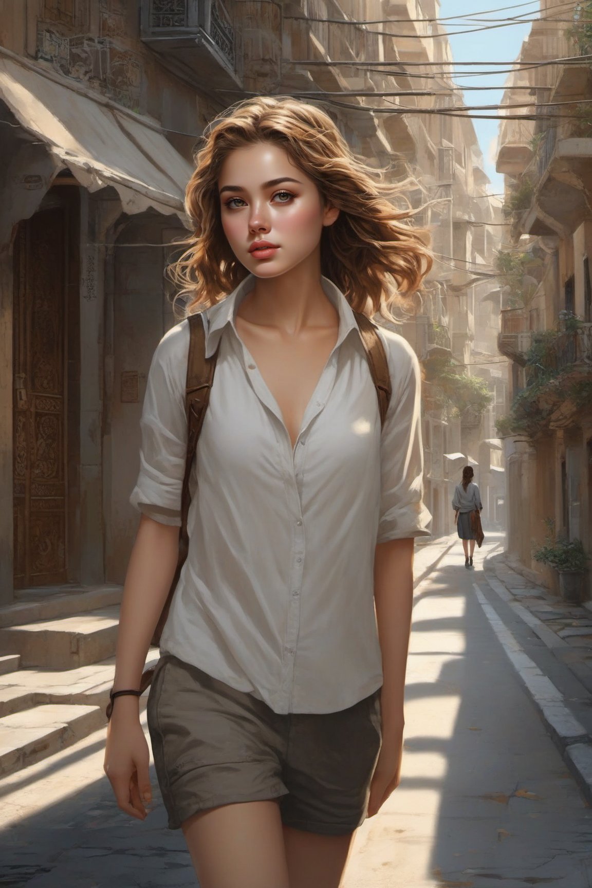 a girl walking in the street,intricate details,detailed exquisite face,soft shiny skin,chiaroscuro lighting,rule of thirds,wide shot,art_booster