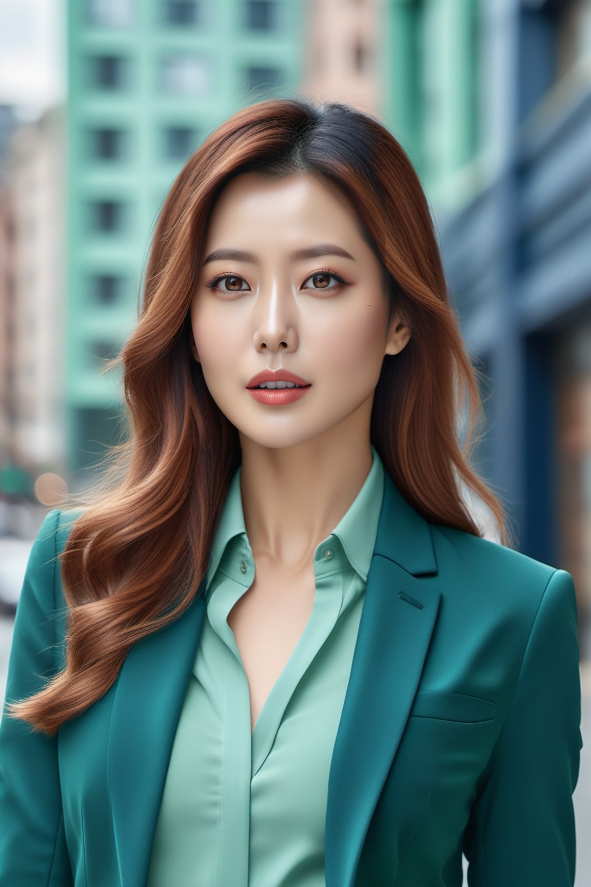 realistic portrait of a beautiful woman,detailed exquisite symmetric face,sharp nose,dishelved long hair,hourglass figure,perfect female form,slim and tall model body,elegant jacket on shirt,bokeh city backdrop, Rose Gold,Deep Navy,Mint Green colors,looking at viewer,siena natural ratio,art_booster,kim_heesun