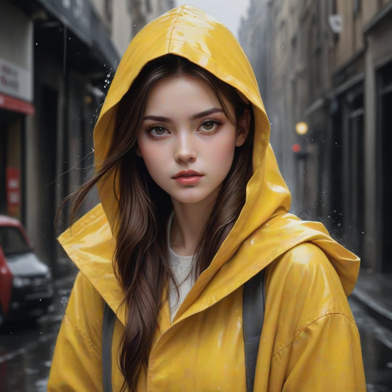 Generate an artisvic vision of watercolor portrait of a beautiful girl in a yellow raincoat,20yo,walking in a dark raining street.fullbody.graffiti style.(Rough strokes).Mystical.Mysterious.Ethereal.Legend.Goddess-like.under the Dim lights in the street.Dark and Hazy background. puddles.rain.fog.A spotlight on her face.low key. (chiaroscuro lighting),blurry backdrop.BREAK rule of thirds,depth of perspective,perfect composition, impressionism,clear facial features,perfect hands,aesthetic minimalism,painterly,by Karol Bak,Alessandro Pautasso and Hayao Miyazaki, real_booster, art_booster